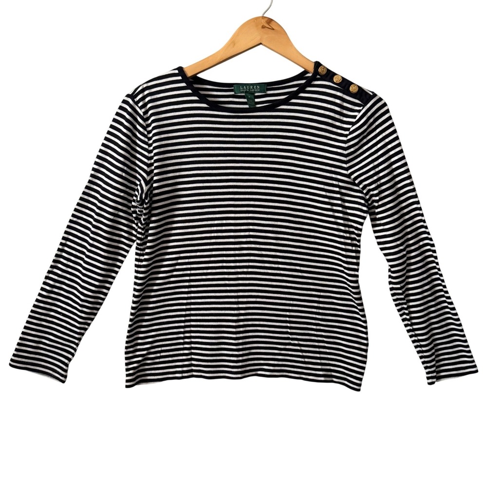 Lauren Ralph Lauren Sz Md Blue White Striped Long Sleeve Button Shoulder Top